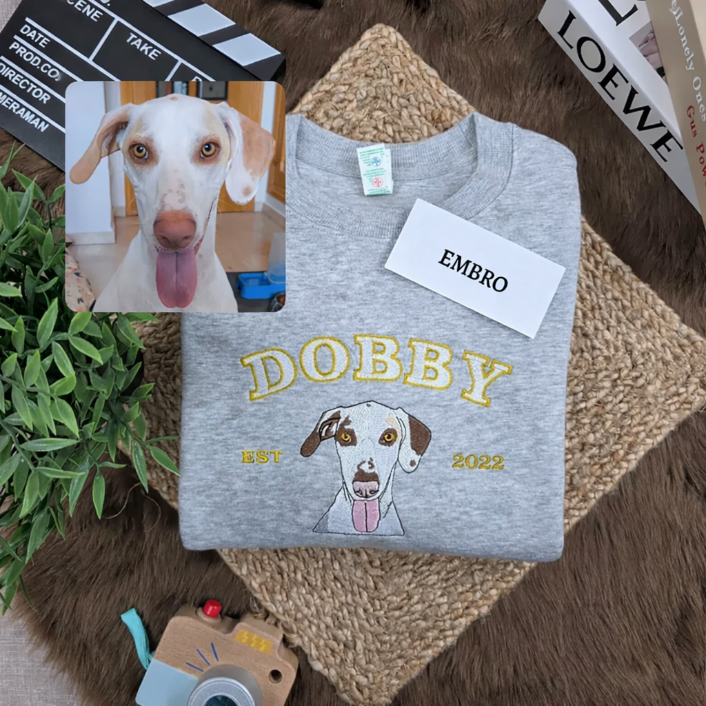 Custom Embroidered Pet Portrait Sweatshirt with Raised Name – Personalized Gift